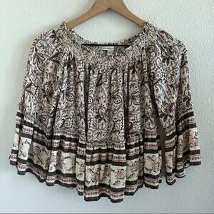 American Eagle Boho Smocked Neckline Statement Sleeve Paisley Top Gypsy Casual S